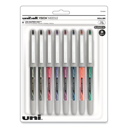 UNI-BALL Needle Stick Roller Ball Pen, Fine 0.7mm, Astd Ink, Silver Barrel, PK8 1734916